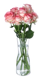 Photo of Glass vase with beautiful pink roses isolated on white