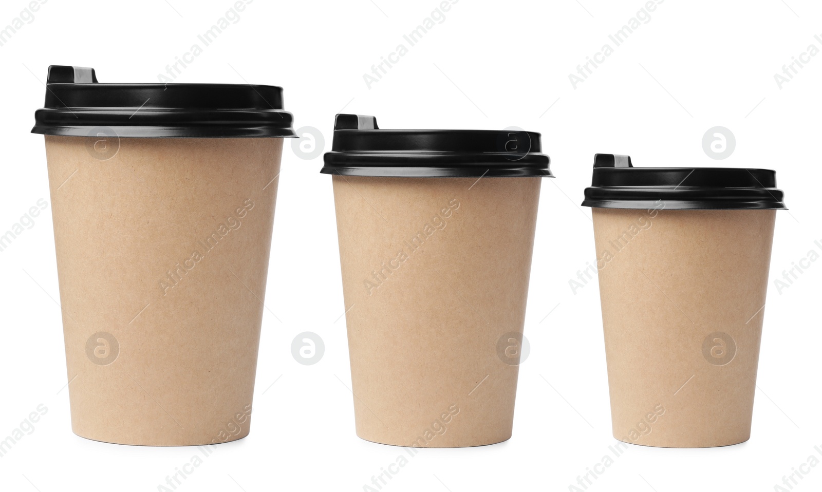 Image of Paper coffee cups of different sizes on white background, collage