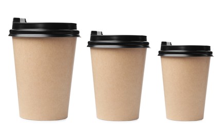 Image of Paper coffee cups of different sizes on white background, collage