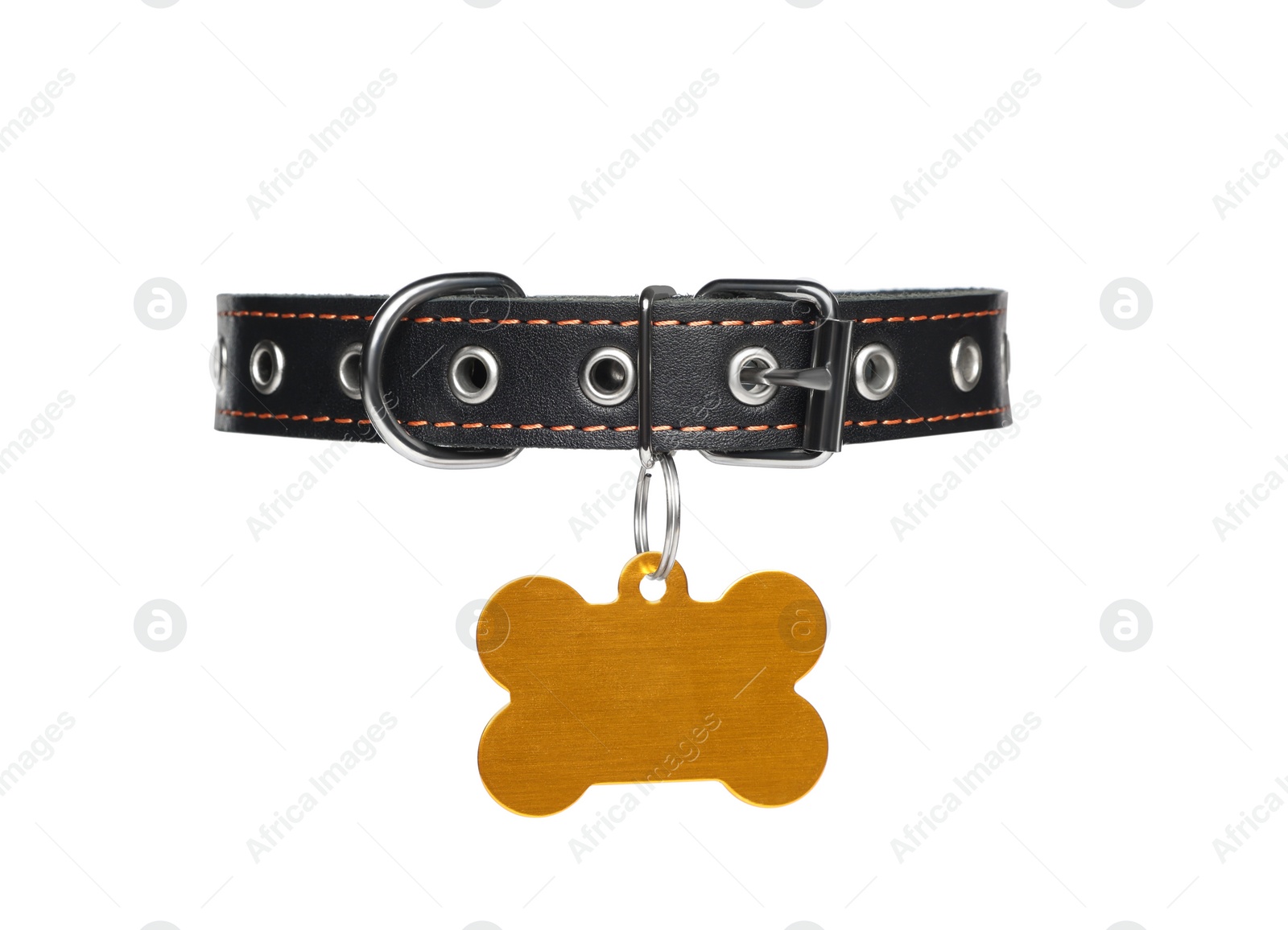 Photo of Black leather dog collar with bone shaped tag isolated on white