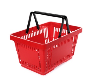 Photo of Color plastic shopping basket on white background