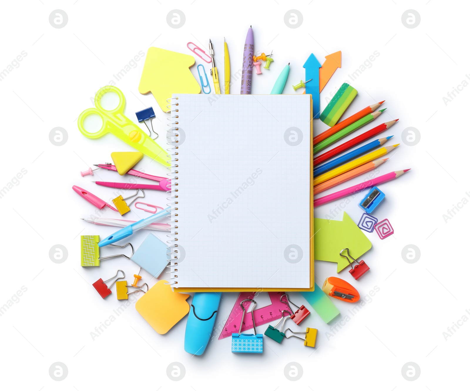 Photo of Composition with different school stationery and notebook on white background