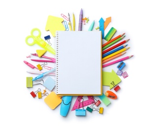 Composition with different school stationery and notebook on white background