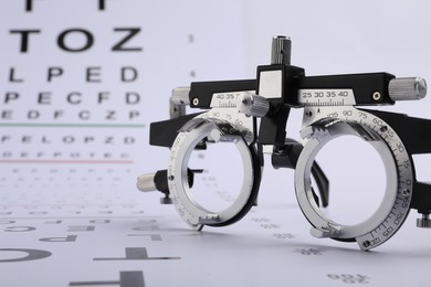 Photo of Vision test chart and trial frame on white background, closeup