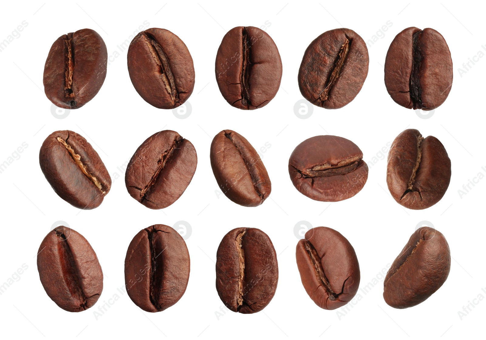 Image of Set with aromatic roasted coffee beans on white background