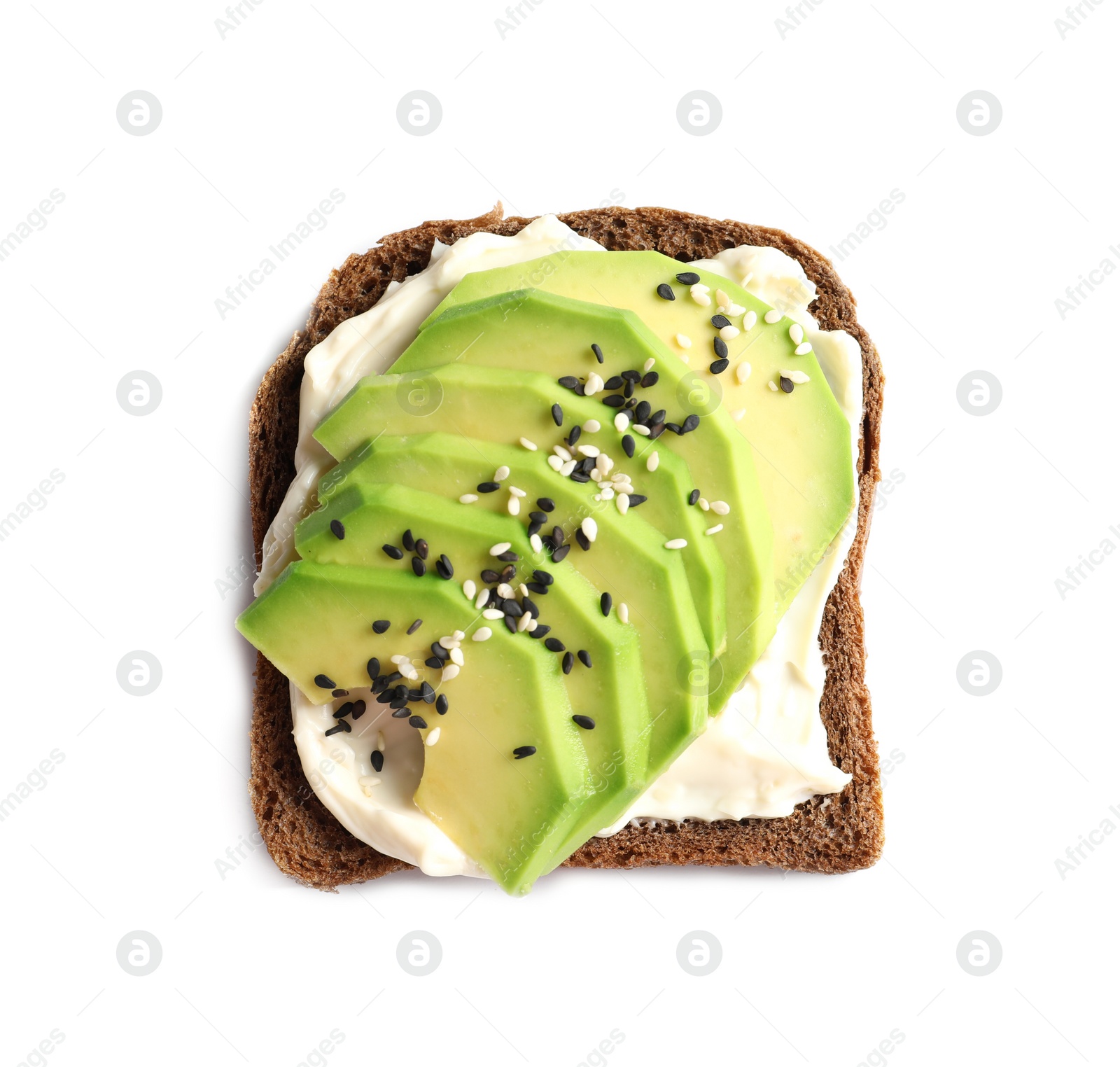 Photo of Toast bread with cream cheese and avocado slices on white background