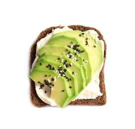 Photo of Toast bread with cream cheese and avocado slices on white background