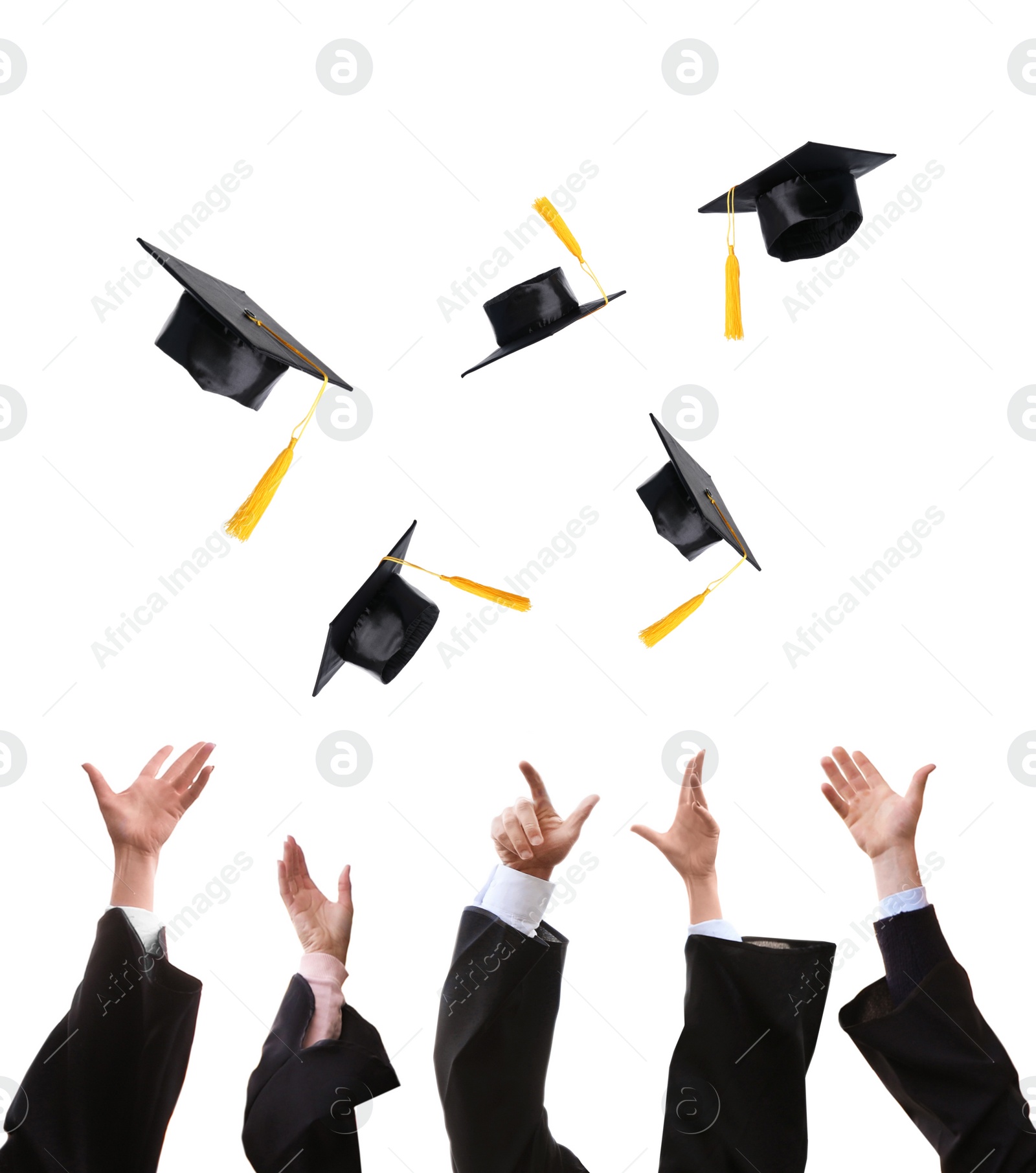 Image of Group of graduates throwing hats against white background, closeup