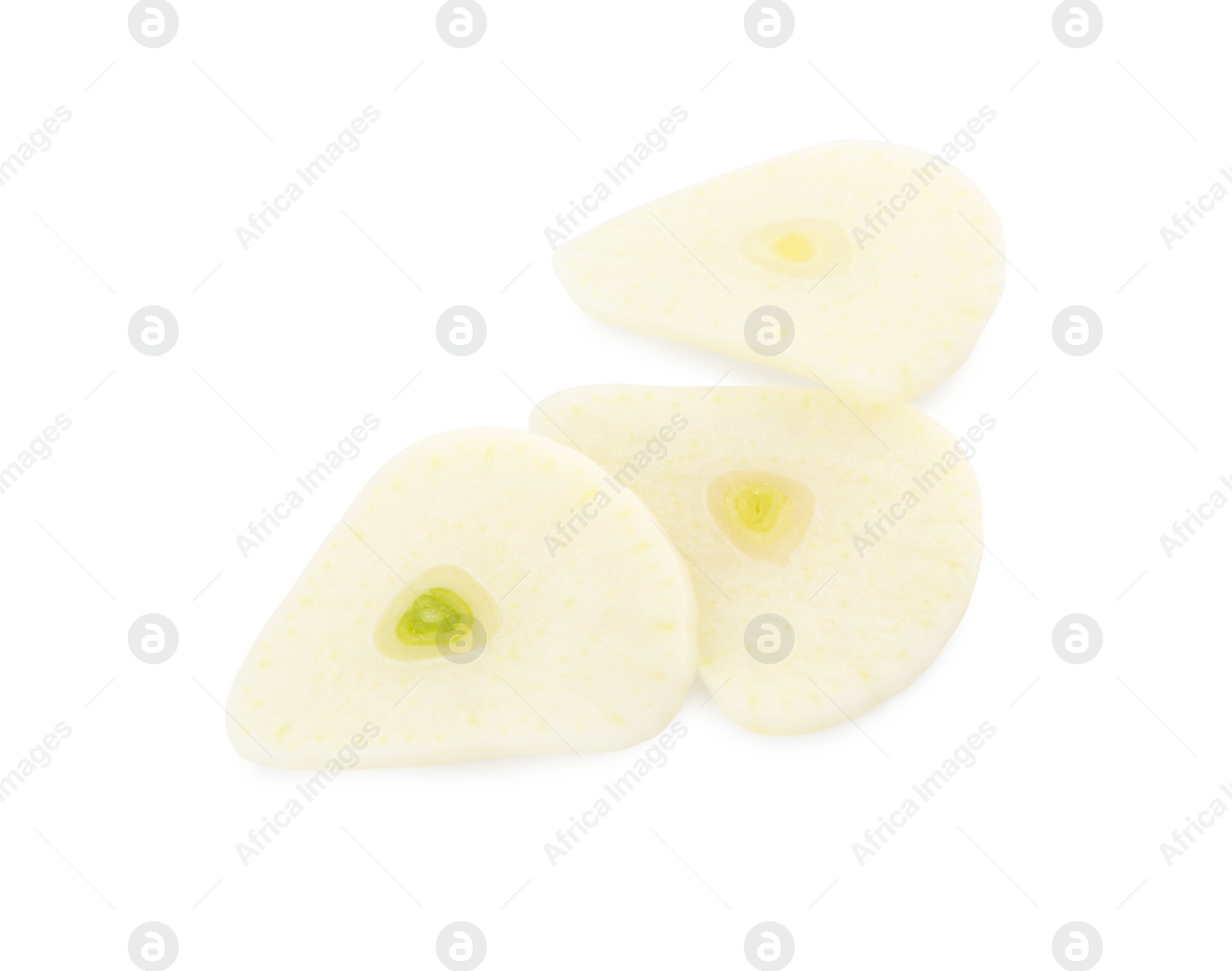 Photo of Pieces of fresh garlic isolated on white