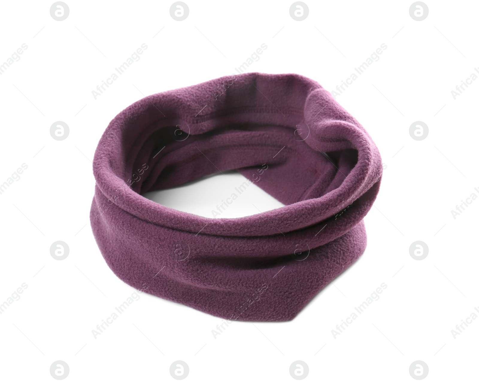 Photo of Soft purple neckwarmer isolated on white. Winter sports clothes
