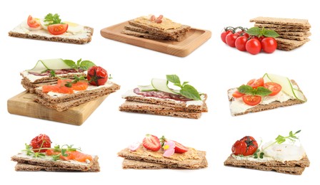 Image of Fresh rye crispbreads with different toppings on white background, collage