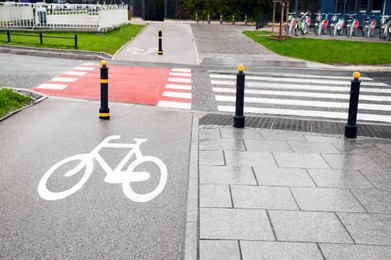 Photo of View on pedestrian crossing and bike way in city