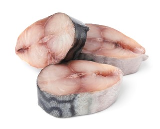 Photo of Slices of tasty salted mackerel isolated on white