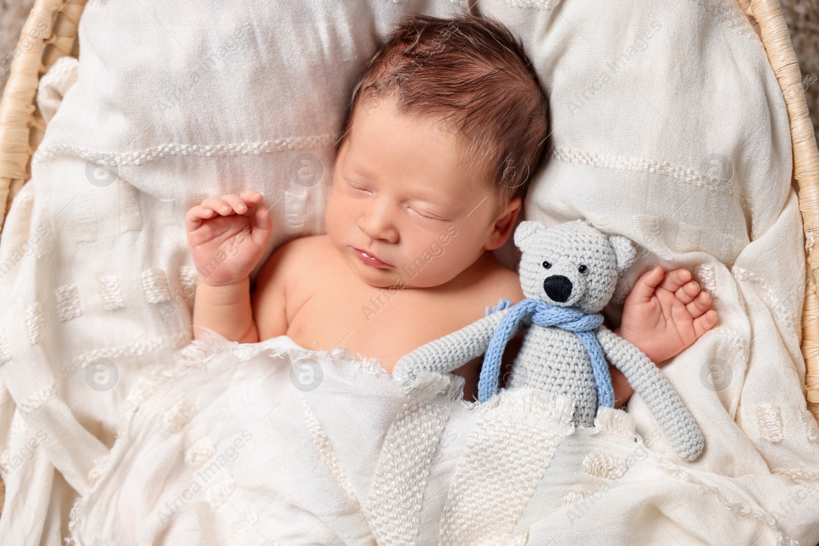 Photo of Cute newborn baby sleeping with toy bear on white blanket in wicker crib, top view