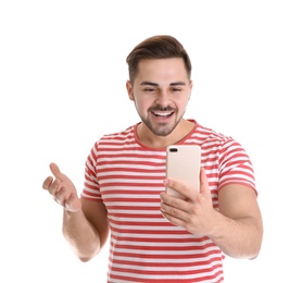 Photo of Man using mobile phone for video chat isolated on white