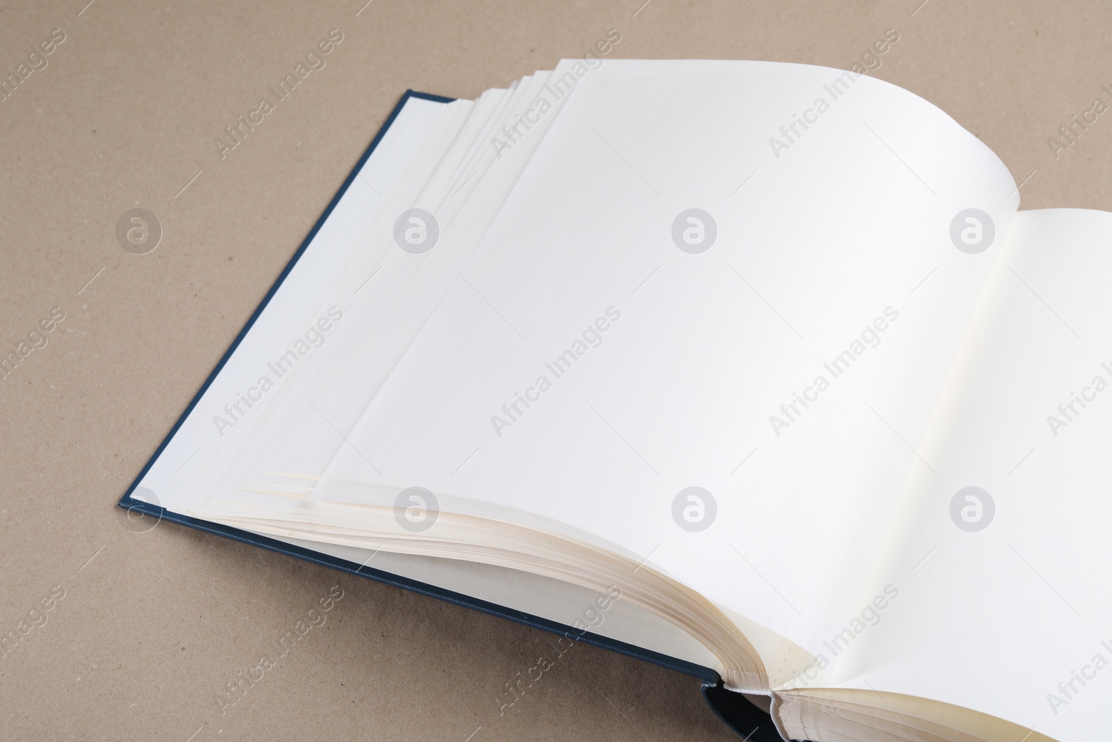 Photo of One open photo album on color background, closeup. Space for text