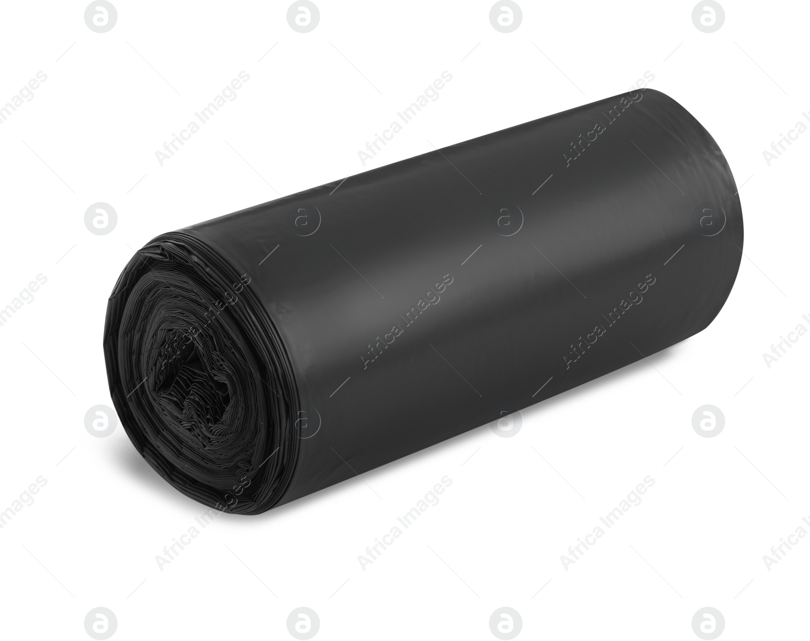 Photo of Roll of black garbage bags on white background. Cleaning supplies