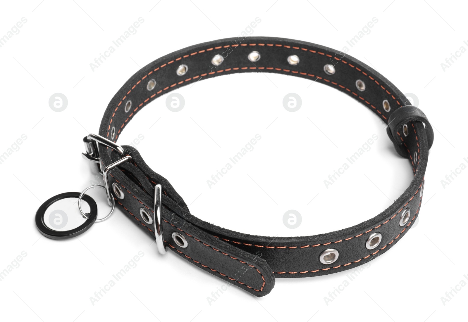 Photo of Black leather dog collar with tag isolated on white