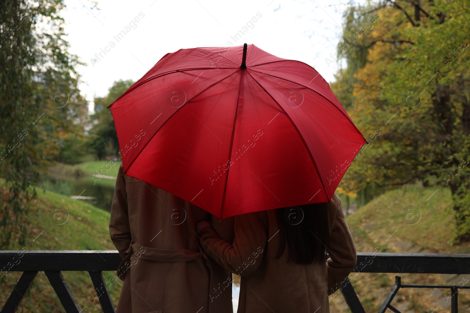 Photo of Couple with red umbrella in autumn park, back view