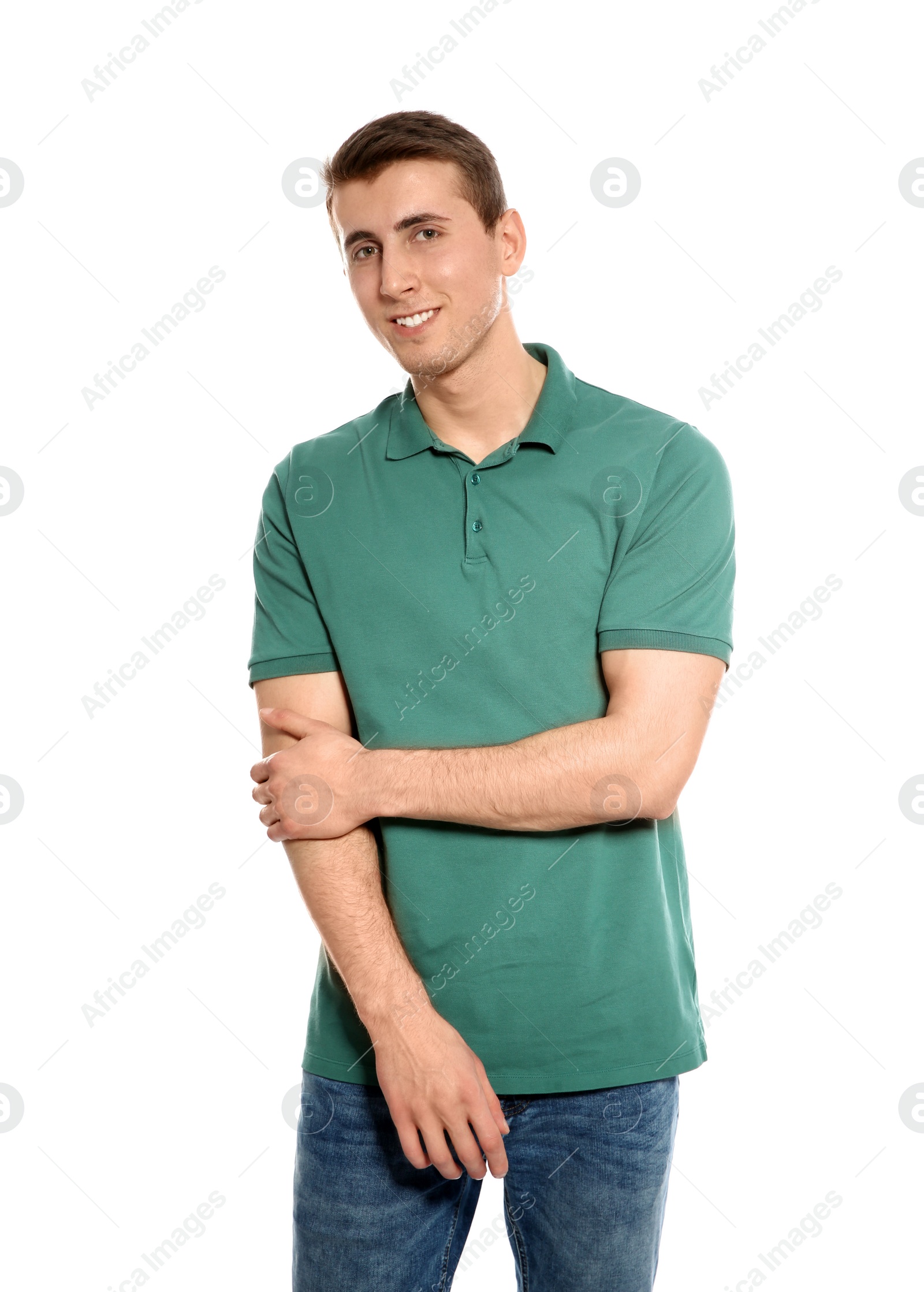 Photo of Young man in stylish clothes on white background