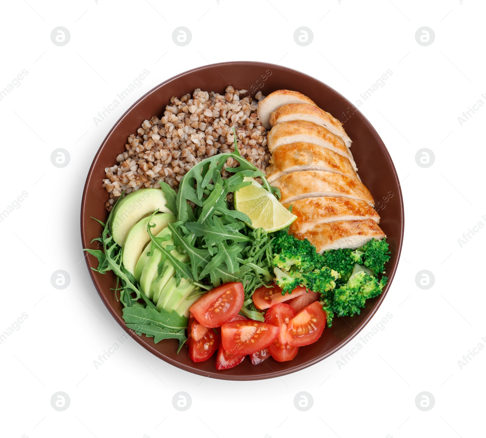 Photo of Healthy meal. Tasty vegetables, buckwheat and chicken breast in bowl isolated on white, top view