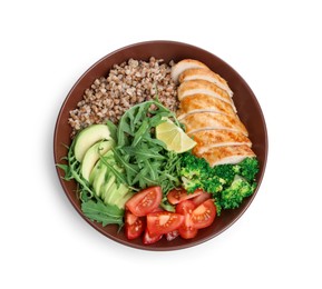 Healthy meal. Tasty vegetables, buckwheat and chicken breast in bowl isolated on white, top view