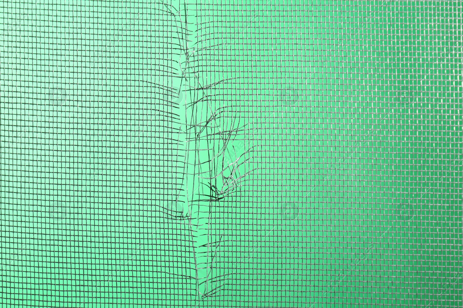 Photo of Torn window screen against green background, closeup