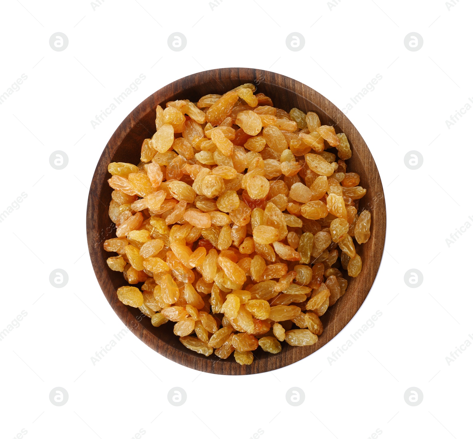 Photo of Bowl with dried golden raisins isolated on white, top view. Healthy nutrition with fruits