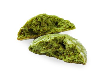 Photo of Halves of tasty matcha cookie isolated on white