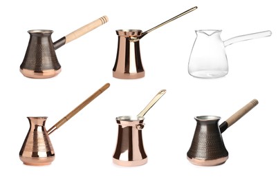 Image of Set with different beautiful turkish coffee pots on white background