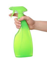 Photo of Woman holding bottle of toilet cleaner spray on white background, closeup