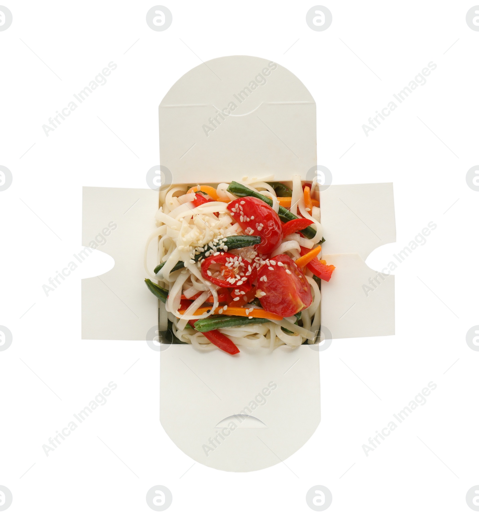 Photo of Box of vegetarian wok noodles isolated on white