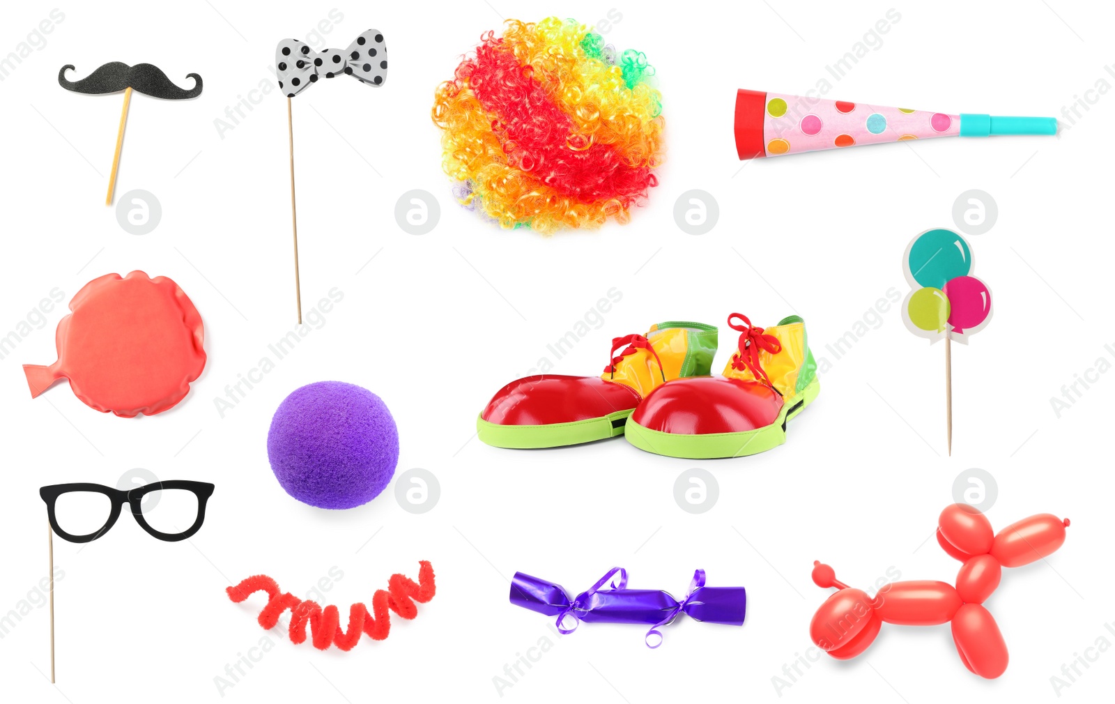 Image of Set with different clown's accessories on white background