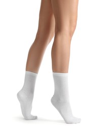 Woman in stylish socks on white background, closeup