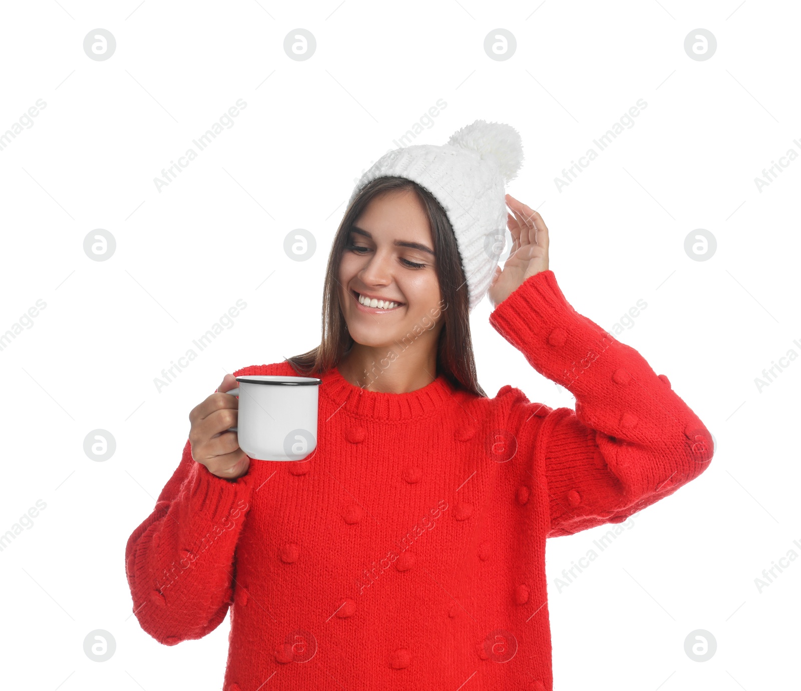 Photo of Happy beautiful woman with mug of mulled wine on white background