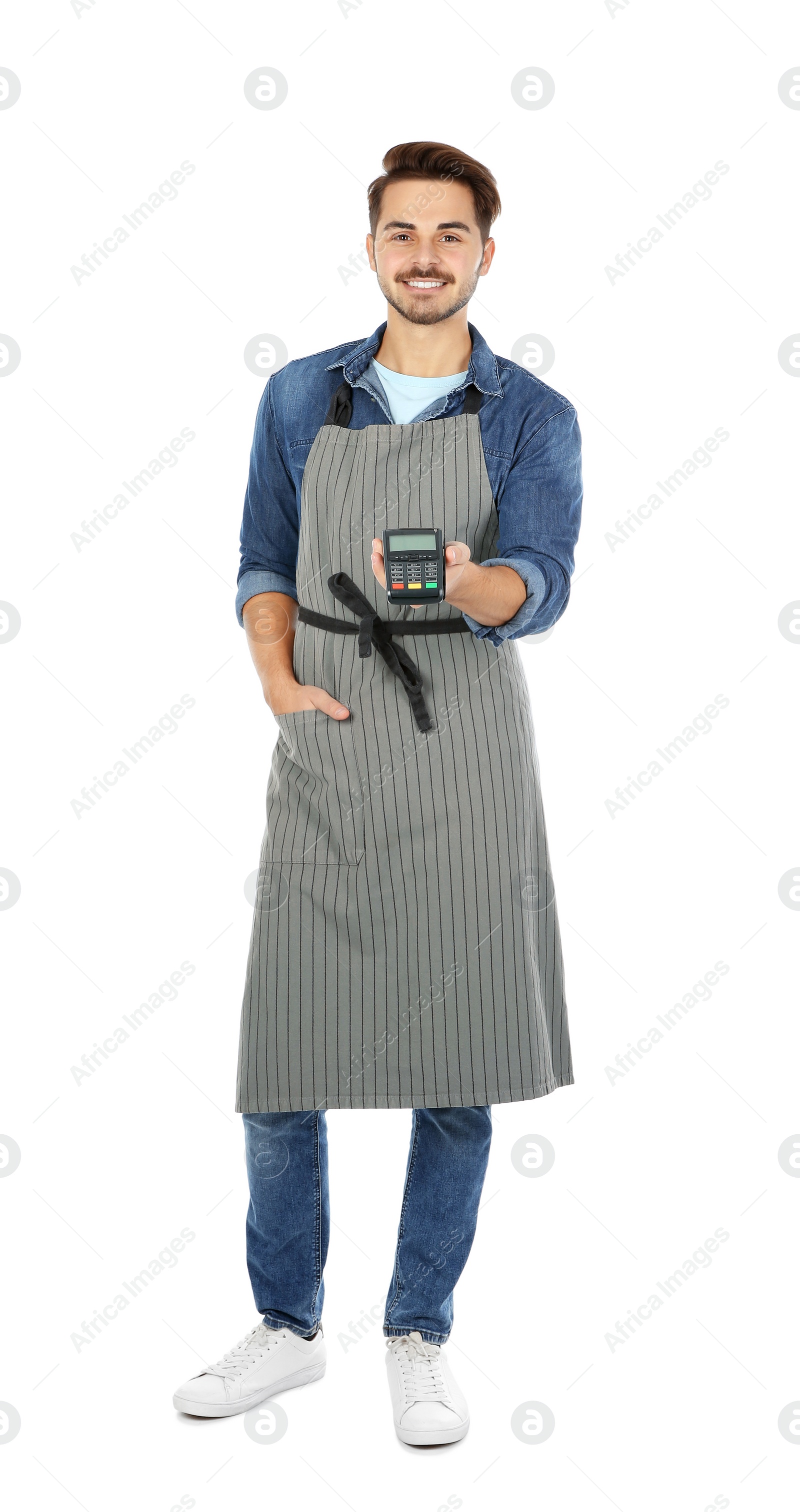 Photo of Waiter with terminal for contactless payment on white background