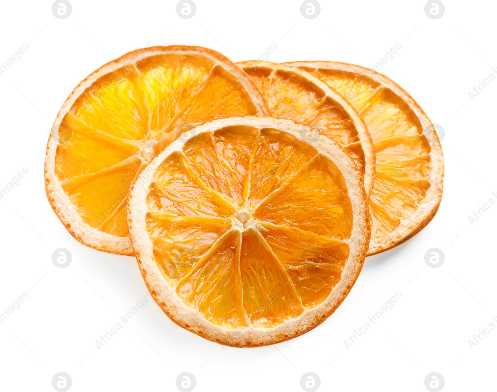 Delicious dry orange slices on white background Photo of Delicious dry orange slices on white background