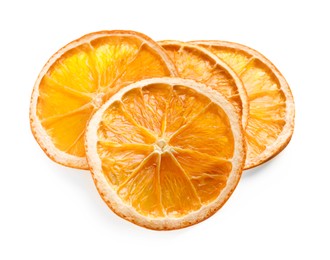 Photo of Delicious dry orange slices on white background