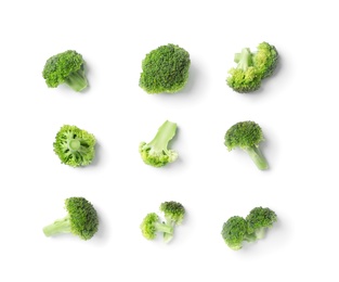 Photo of Flat lay composition with fresh green broccoli on light background