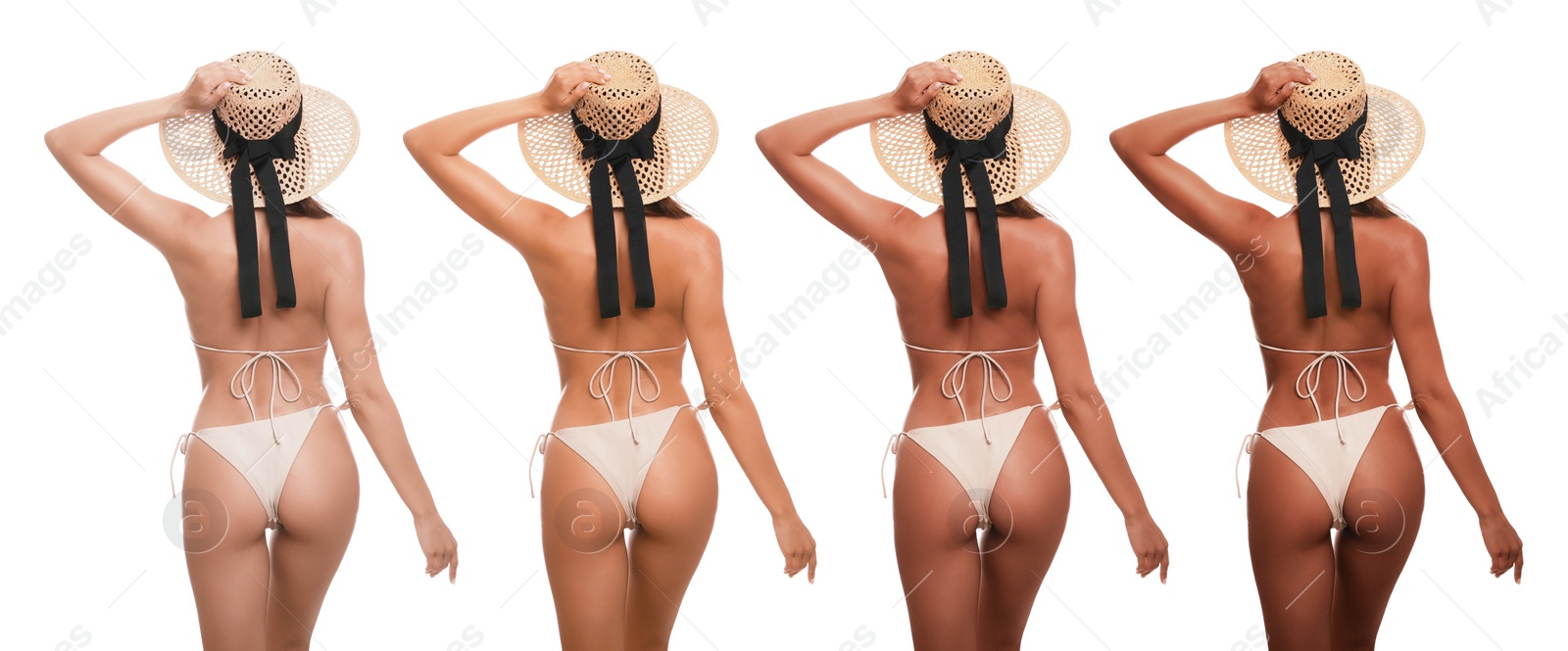 Image of Young woman with beautiful body on white background, back view. Banner collage showing stages of suntanning