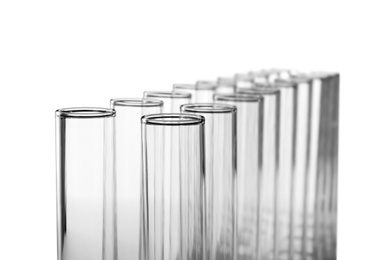 Empty test tubes on white background. Laboratory analysis equipment