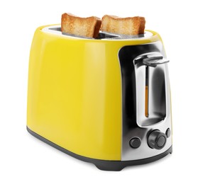 Yellow toaster with roasted bread slices on white background