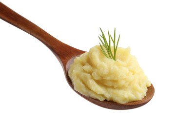 Photo of Wooden spoon of tasty mashed potatoes with dill isolated on white