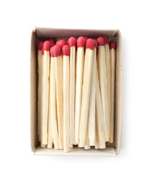 Cardboard box with matches on white background, top view