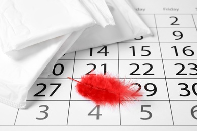 Photo of Packed menstrual pads with red feather and calendar, closeup. Gynecological care