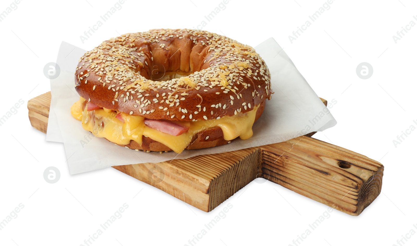 Photo of Delicious bagel with ham and cheese isolated on white