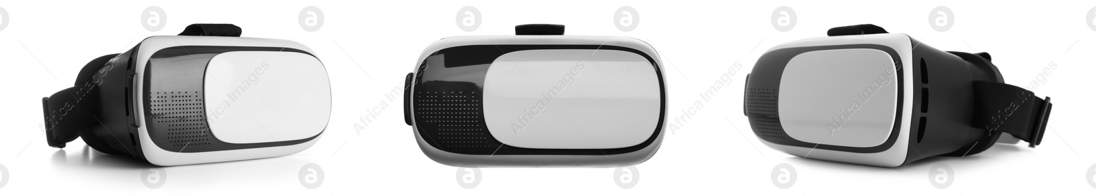 Image of Modern virtual reality headsets on white background. Banner design