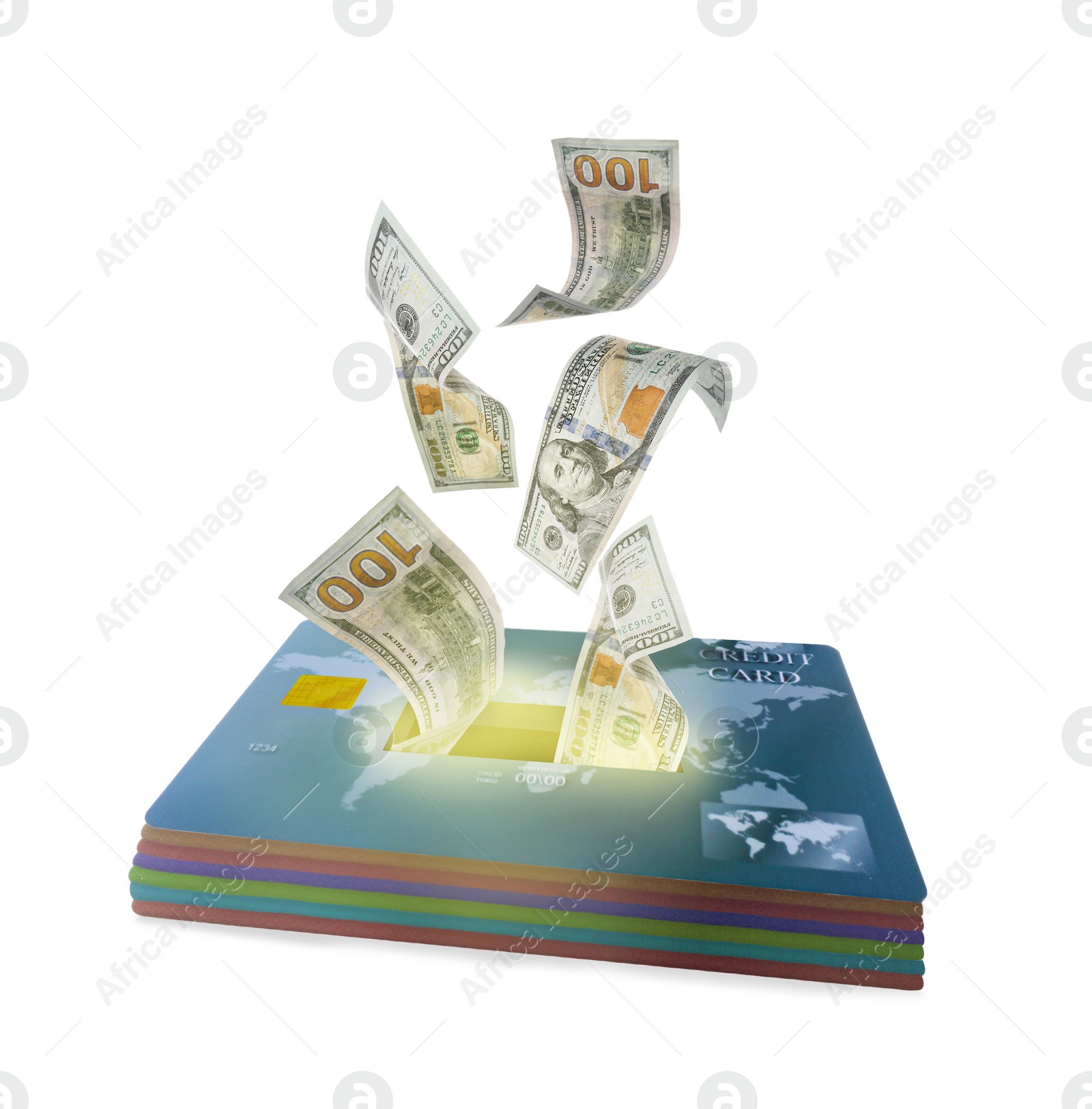 Image of Credit card as piggy bank and money on white background