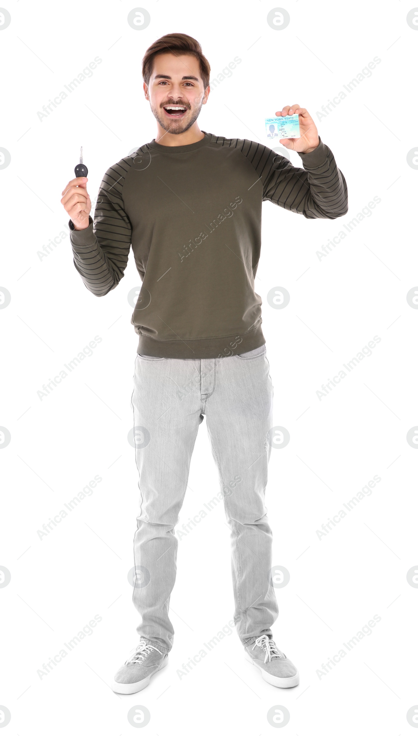 Photo of Happy young man with driving license and car key on white background