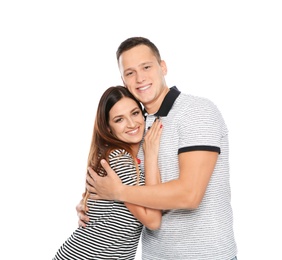 Photo of Portrait of cute young couple on white background